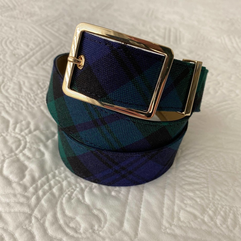 Talbots Navy and Green Plaid Fabric Belt with Gold Buckle